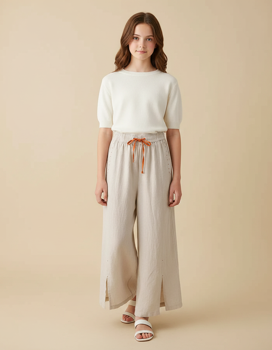 Pantalon Fluide Beige Lin Ample Décontracté Fendu