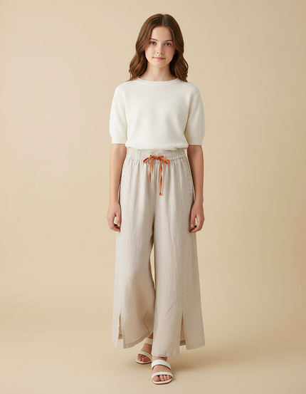 Pantalon Fluide Beige Lin Ample Décontracté Fendu