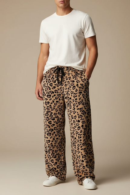 Pantalon Fluide Léopard Marron Ample Confortable Cordon - Imprimé Molleton