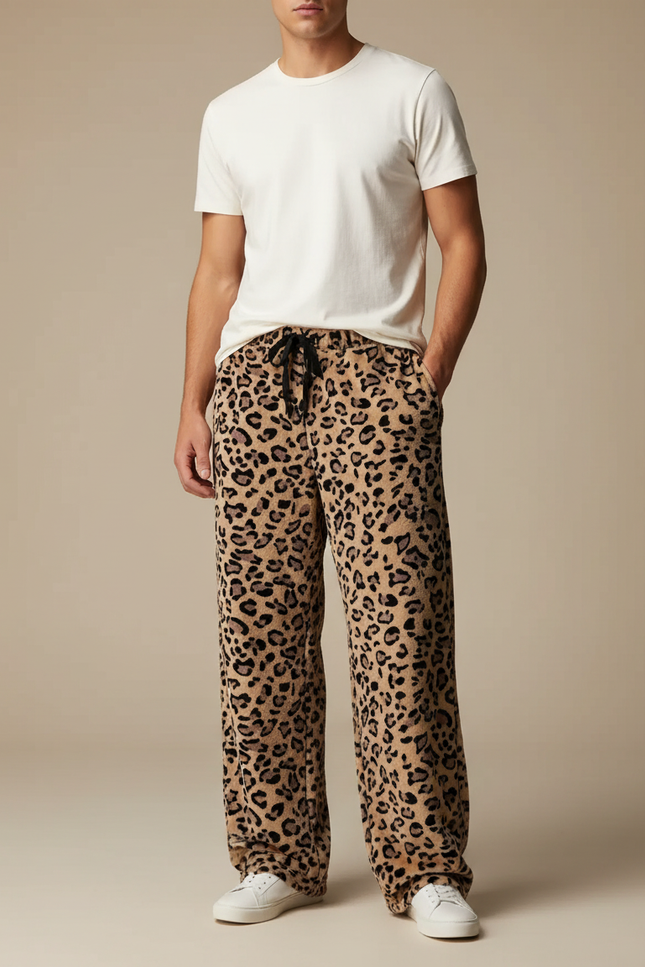 Pantalon Fluide Léopard Marron Ample Confortable Cordon - Imprimé Molleton