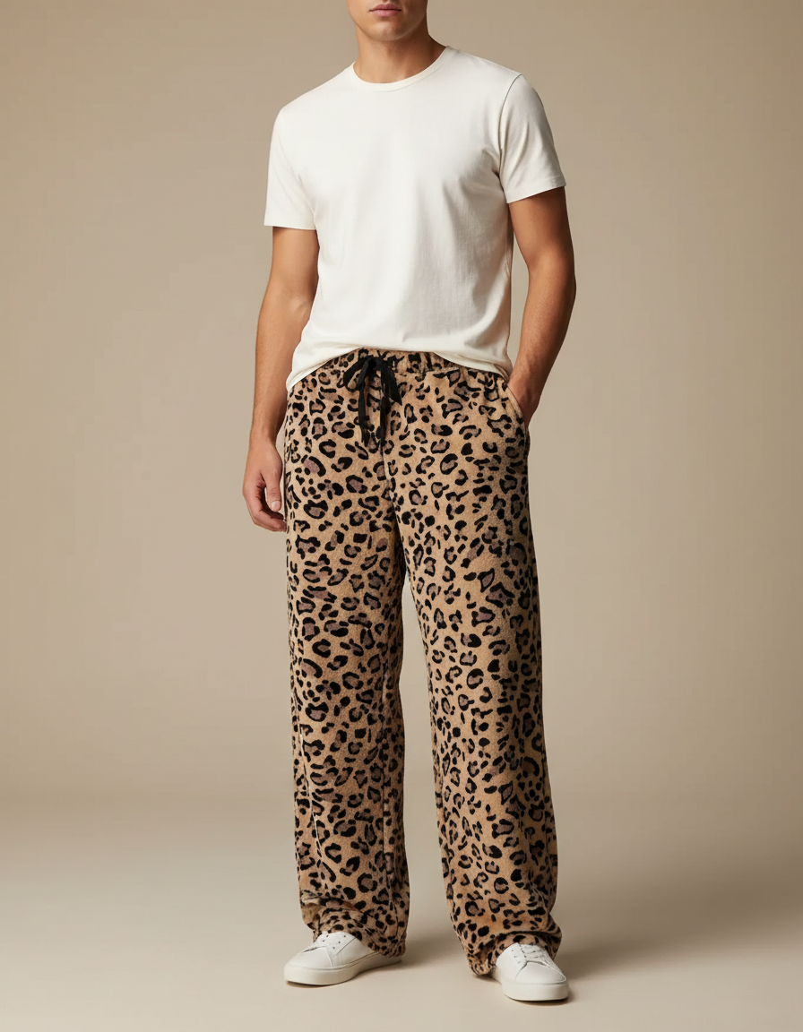 Pantalon Fluide Léopard Marron Ample Confortable Cordon - Imprimé Molleton