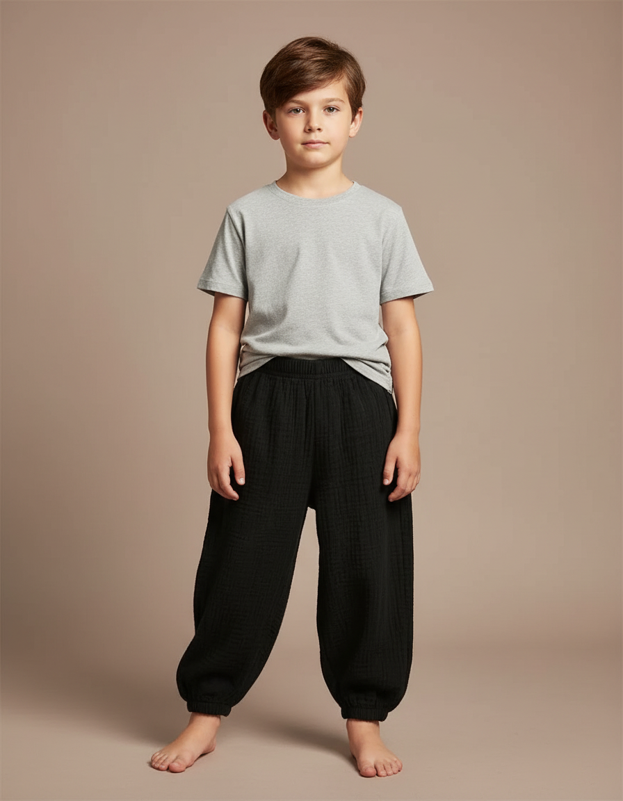 Pantalon Fluide Noir Coton Ample Garçon Plissé