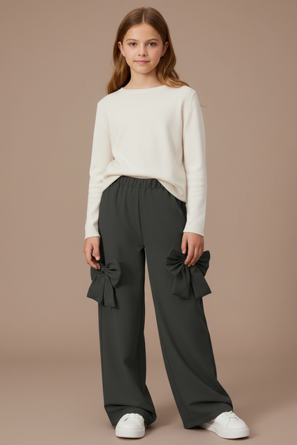 Pantalon Fluide Vert Ample Nœuds Décoratifs Fille - Kaki Polyester