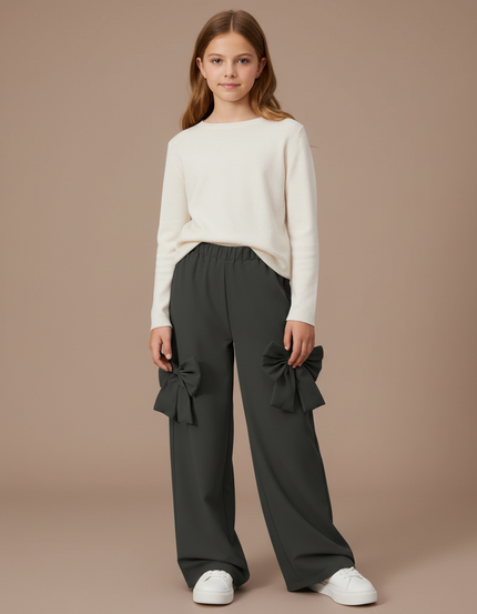Pantalon Fluide Vert Ample Nœuds Décoratifs Fille - Kaki Polyester