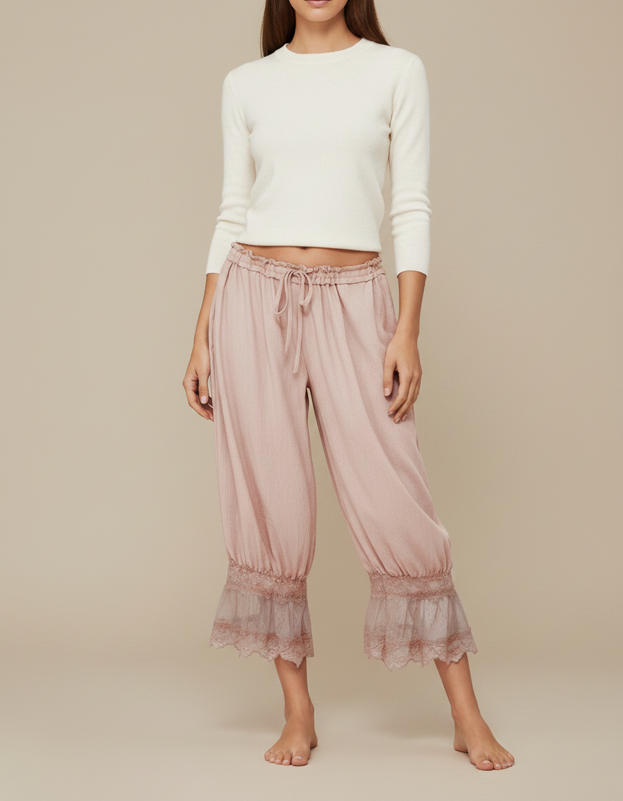 Pantalon Fluide Rose Dentelle Ample Confortable Femme - Viscose