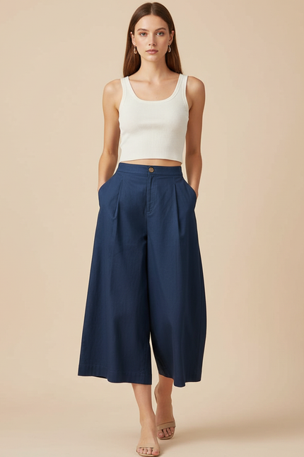 Pantalon Fluide Bleu Marine Ample Plissé Court Femme - Gabardine