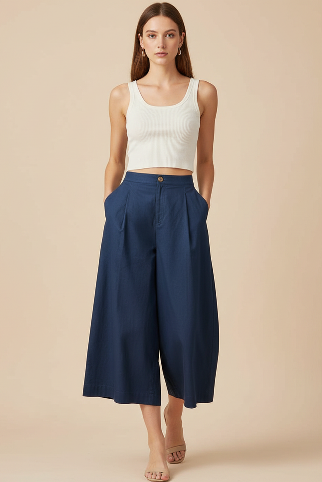 Pantalon Fluide Bleu Marine Ample Plissé Court Femme - Gabardine