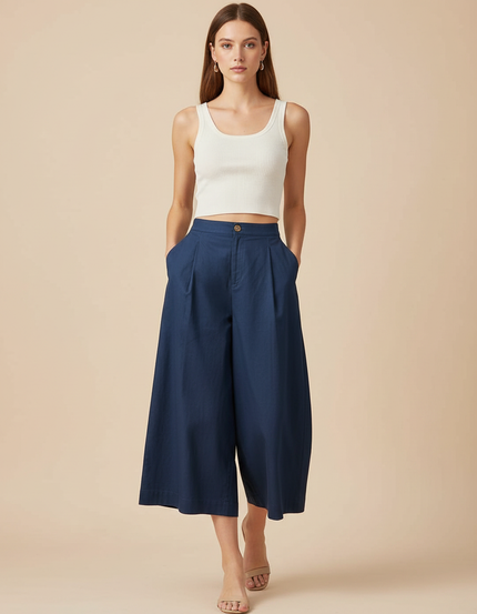Pantalon Fluide Bleu Marine Ample Plissé Court Femme - Gabardine
