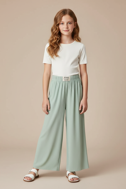 Pantalon Fluide Vert Menthe Ample Confortable Fille - Maille