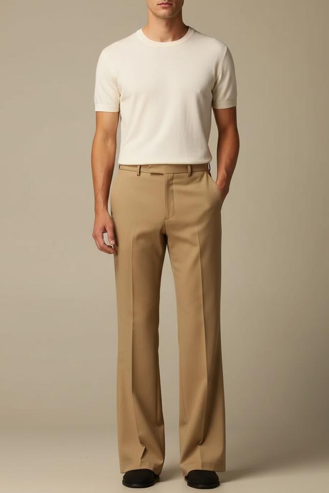 Pantalon Fluide Beige Évasé Droit Homme Élégant - Gabardine
