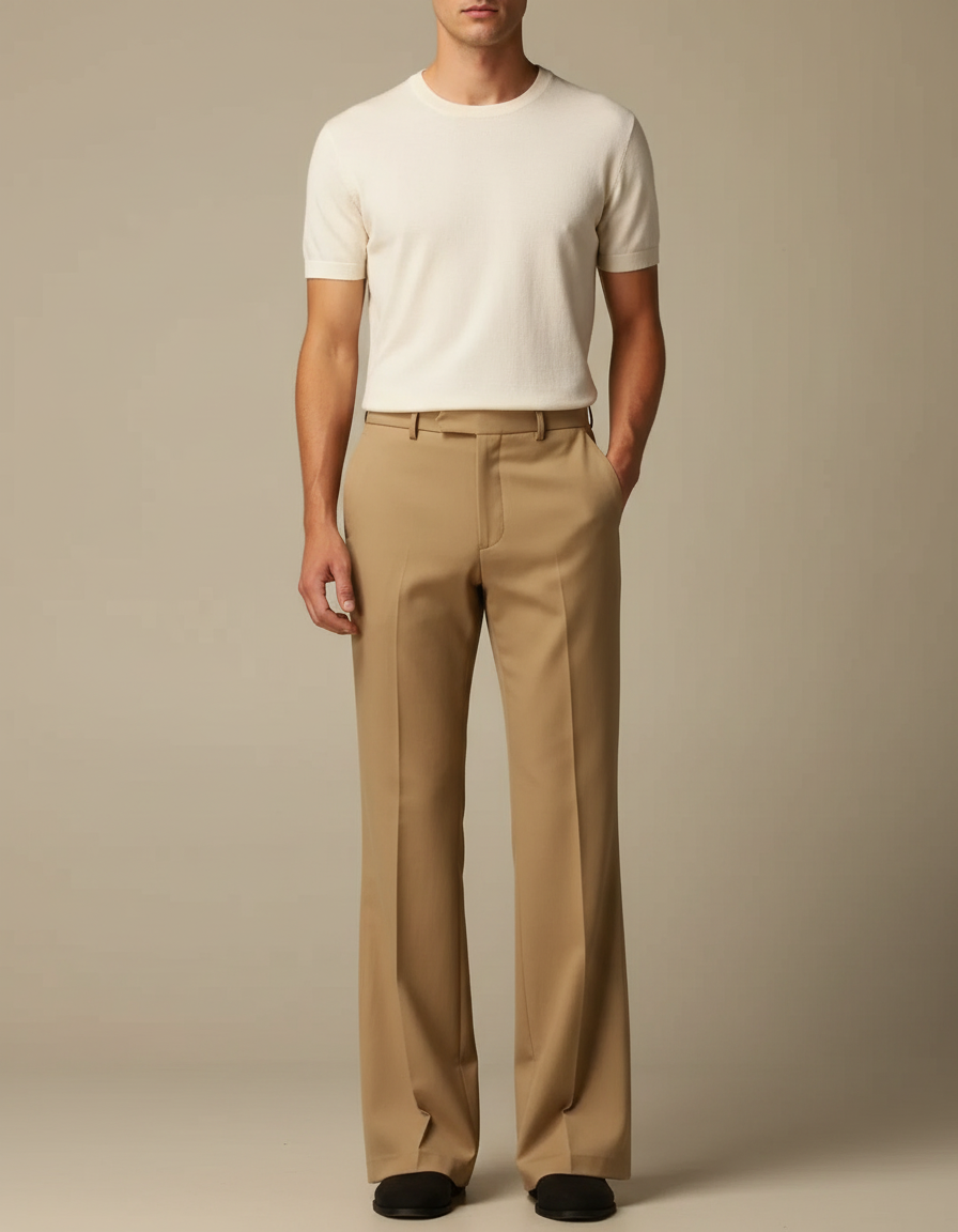Pantalon Fluide Beige Évasé Droit Homme Élégant - Gabardine