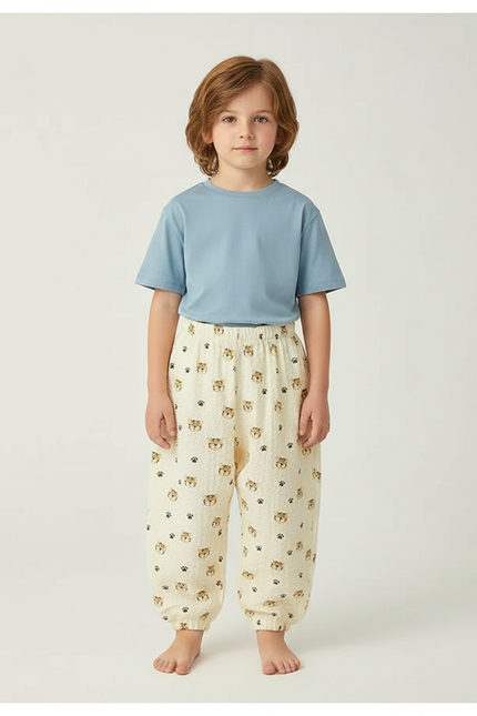 Pantalon Fluide Écru Imprimé Tigre Coton Léger Enfant - Beige