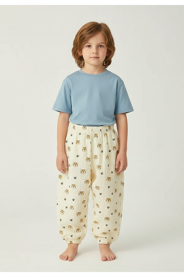 Pantalon Fluide Écru Imprimé Tigre Coton Léger Enfant - Beige