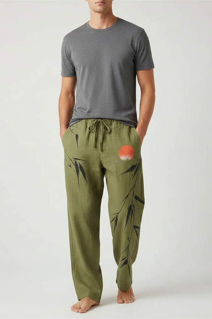 Pantalon Fluide Vert Lin Motif Bambou Soleil Homme