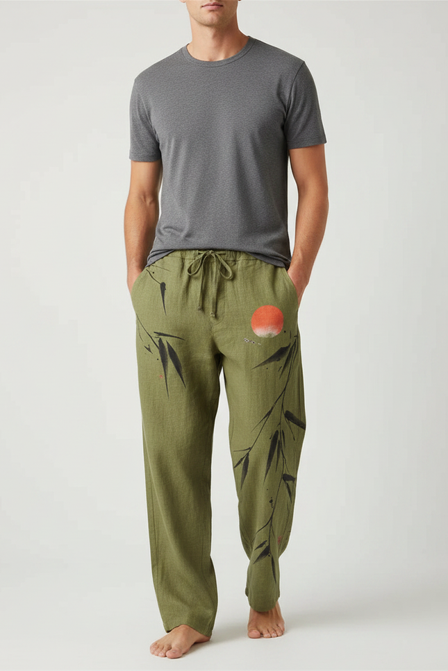 Pantalon Fluide Vert Lin Motif Bambou Soleil Homme