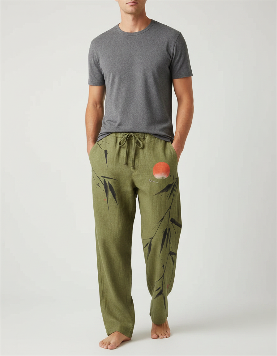 Pantalon Fluide Vert Lin Motif Bambou Soleil Homme