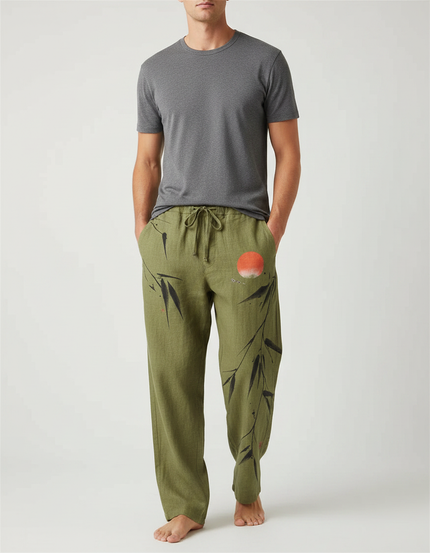 Pantalon Fluide Vert Lin Motif Bambou Soleil Homme