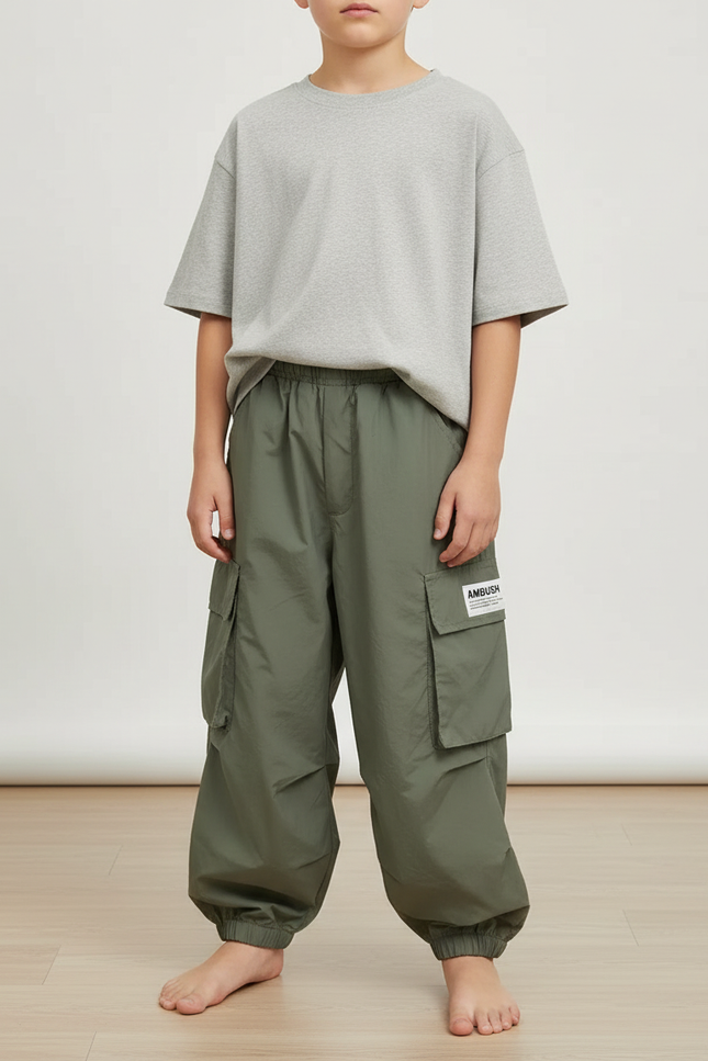 Pantalon Fluide Kaki Ample Cargo Garçon Décontracté - Polyester