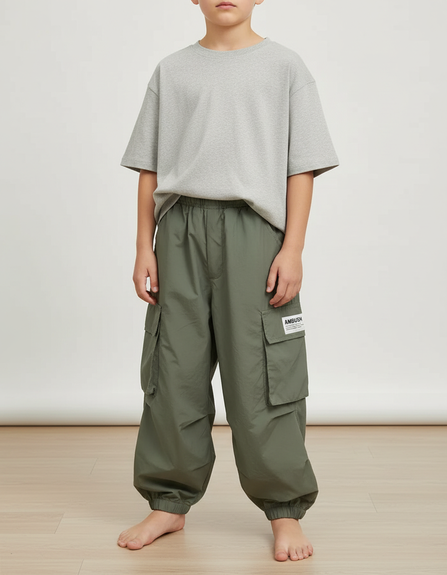 Pantalon Fluide Kaki Ample Cargo Garçon Décontracté - Polyester