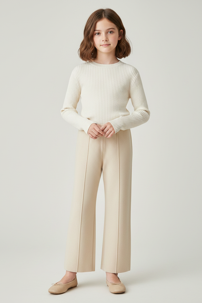 Pantalon Fluide Écru Ample Maille Tricot Enfant - Beige