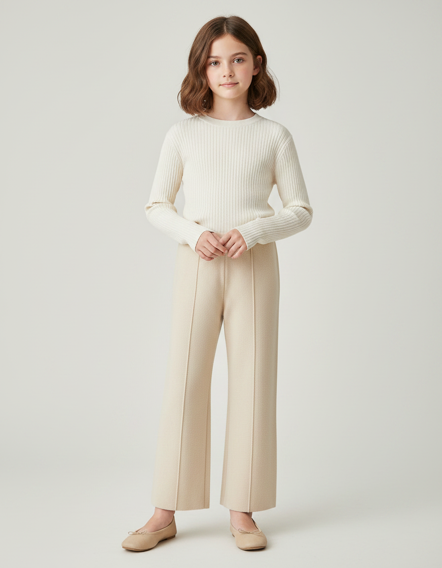 Pantalon Fluide Écru Ample Maille Tricot Enfant - Beige