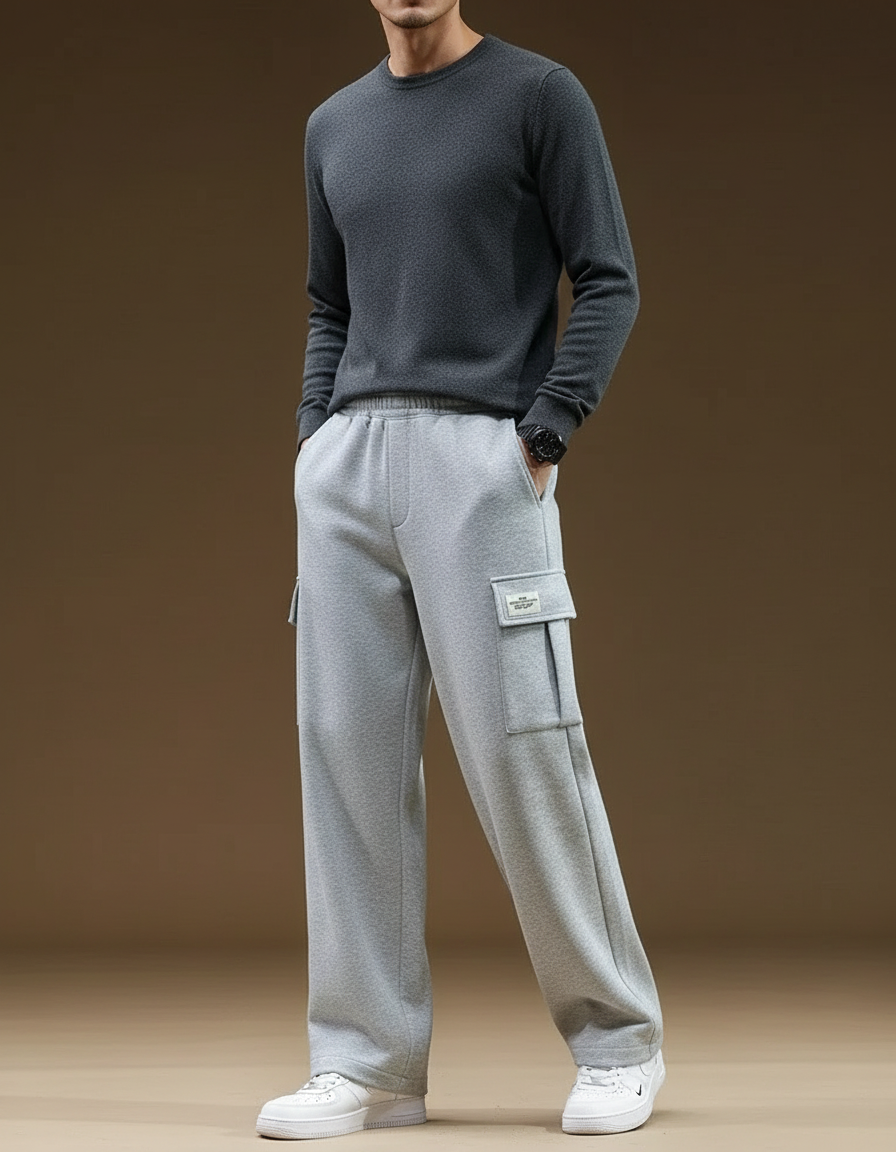 Pantalon Fluide Gris Coton Cargo Ample Homme - Molleton