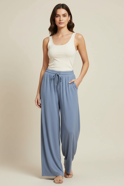 Pantalon Fluide Bleu Cordon Ample Doux Confortable Femme - Viscose