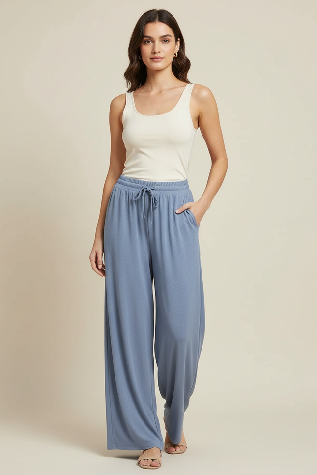 Pantalon Fluide Bleu Cordon Ample Doux Confortable Femme - Viscose