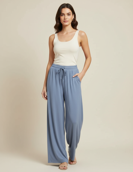 Pantalon Fluide Bleu Cordon Ample Doux Confortable Femme - Viscose