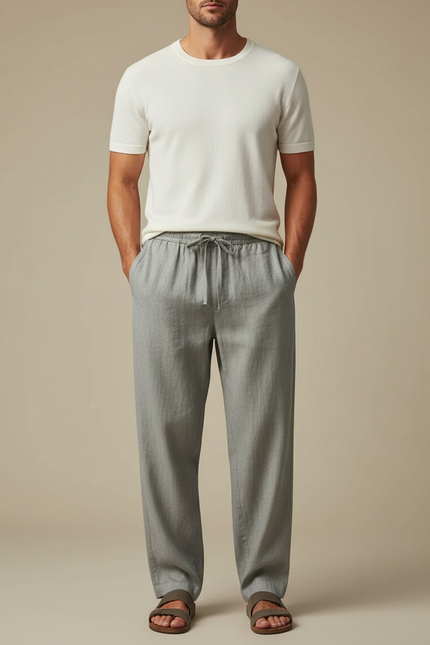 Pantalon Fluide Gris Cordon Coton Lin Ample Décontracté Homme