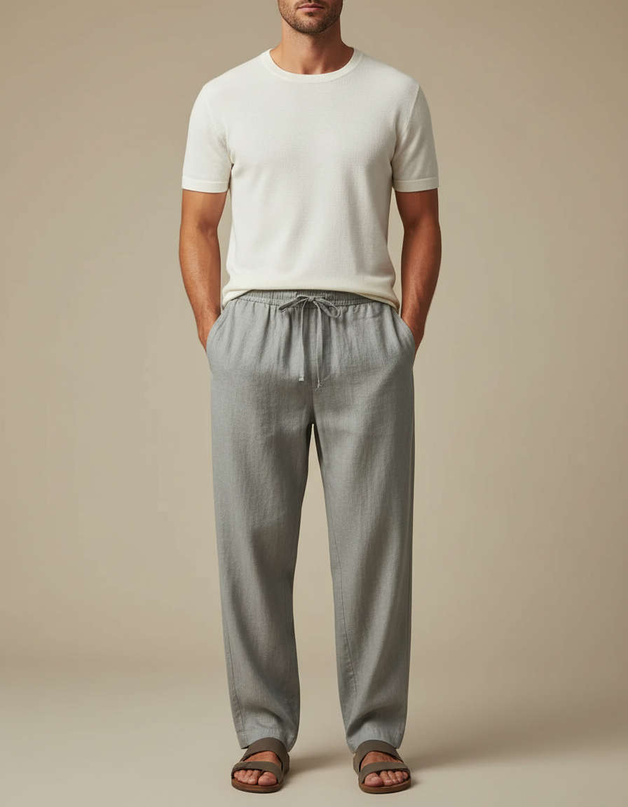Pantalon Fluide Gris Cordon Coton Lin Ample Décontracté Homme