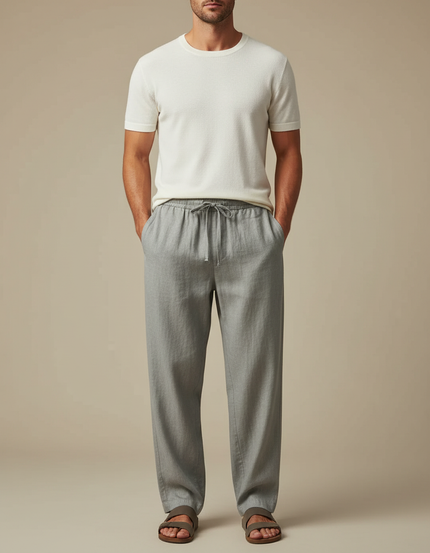 Pantalon Fluide Gris Cordon Coton Lin Ample Décontracté Homme