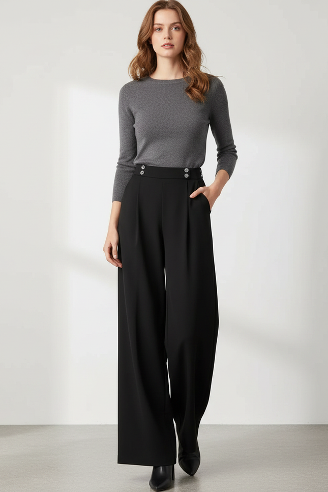 Pantalon Noir Taille Haute Fluide - Polyester