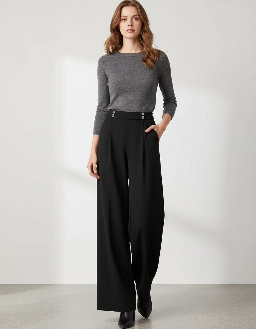 Pantalon Noir Taille Haute Fluide - Polyester