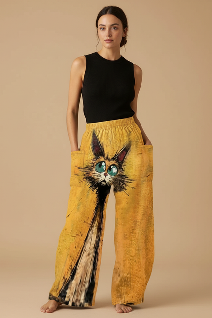 Pantalon Fluide Jaune Ample Imprimé Chat Mignon - Lin