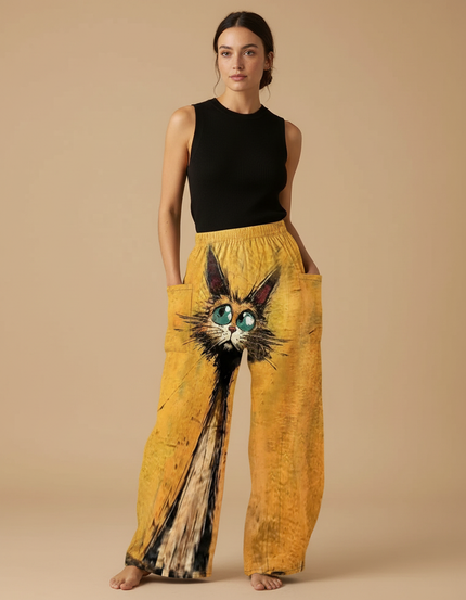 Pantalon Fluide Jaune Ample Imprimé Chat Mignon - Lin
