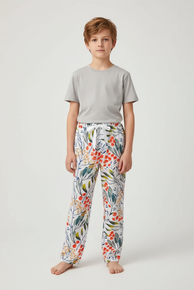 Pantalon Fluide Blanc Imprimé Floral Ample Confortable Enfant - Viscose
