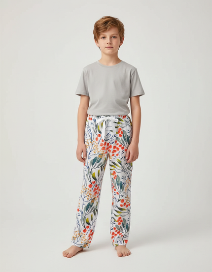 Pantalon Fluide Blanc Imprimé Floral Ample Confortable Enfant - Viscose