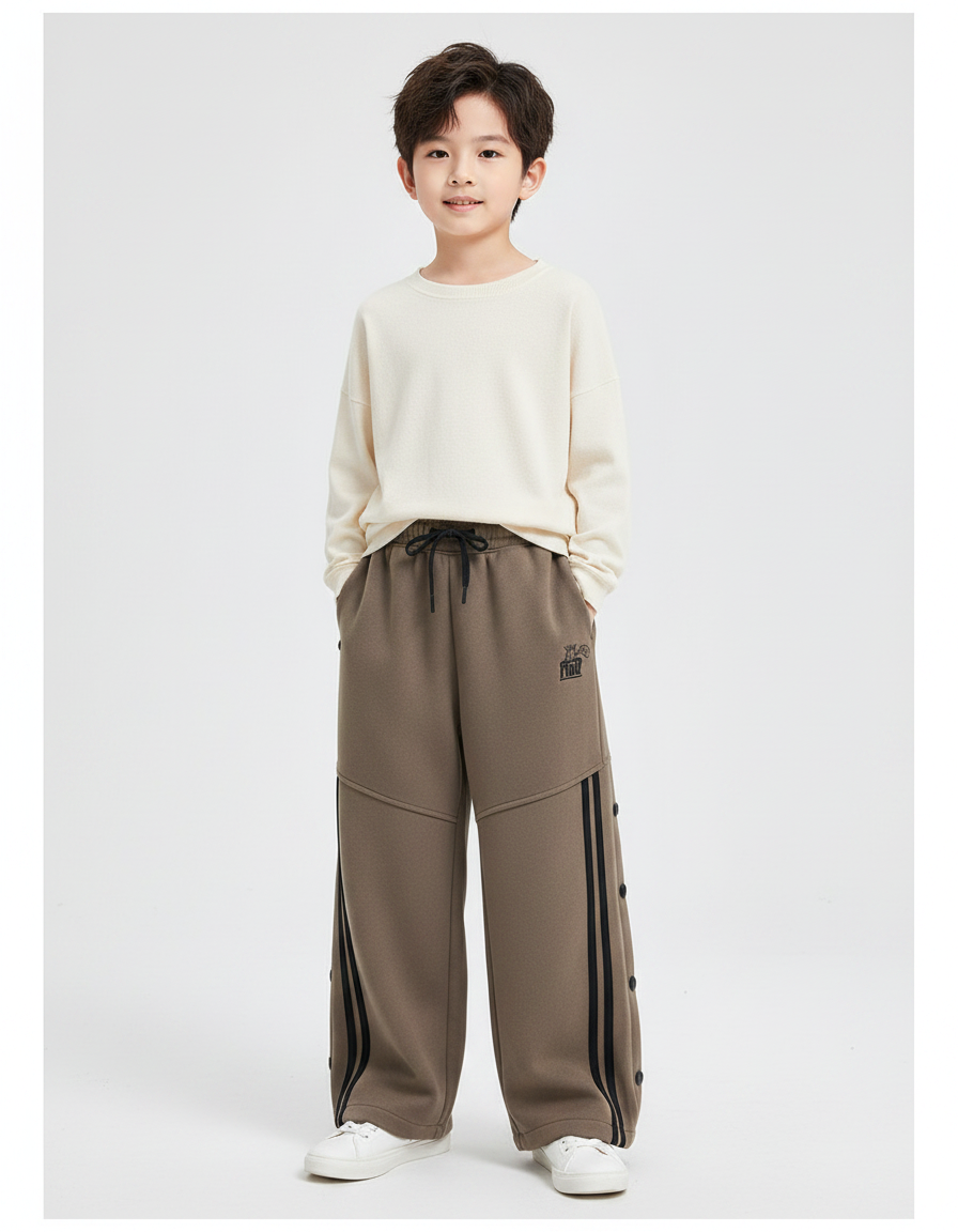 Pantalon Fluide Marron Ample Rayures Noires Boutons - Kaki Molleton