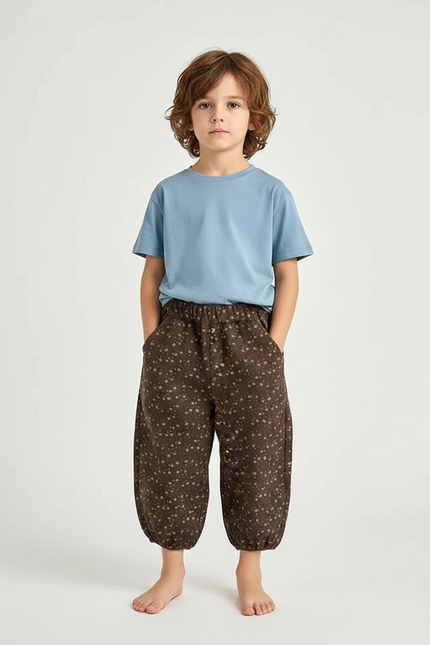 Pantalon Fluide Marron Fleuri Ample Coton Enfant
