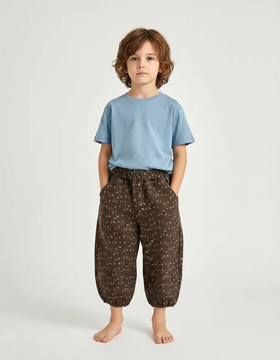 Pantalon Fluide Marron Fleuri Ample Coton Enfant