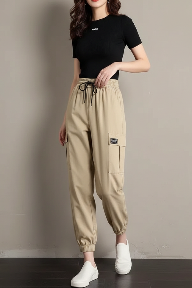Pantalon Fluide Cargo Kaki Taille Haute Décontracté - Polyester