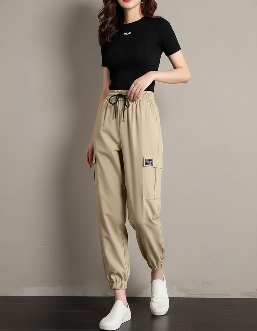 Pantalon Fluide Cargo Kaki Taille Haute Décontracté - Polyester