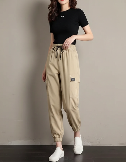 Pantalon Fluide Cargo Kaki Taille Haute Décontracté - Polyester