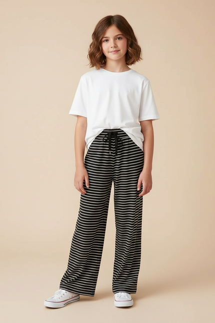 Pantalon Fluide Rayé Noir Blanc Ample Cordon Confortable - Imprimé Maille