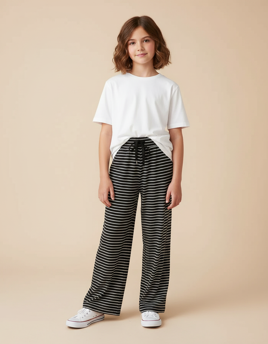 Pantalon Fluide Rayé Noir Blanc Ample Cordon Confortable - Imprimé Maille