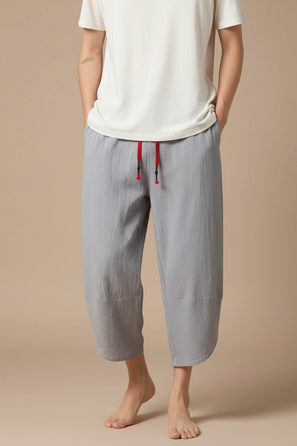 Pantalon Fluide Gris Coton Décontracté Japonais Ample