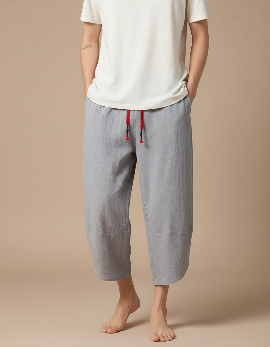 Pantalon Fluide Gris Coton Décontracté Japonais Ample