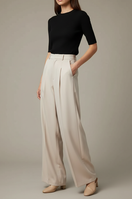 Pantalon Fluide Beige Large Taille Haute Élégant Femme - Viscose