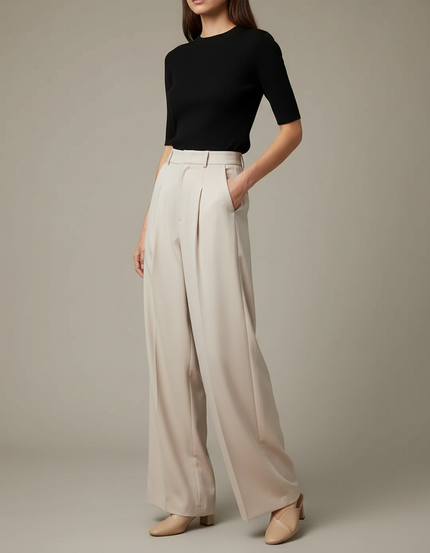 Pantalon Fluide Beige Large Taille Haute Élégant Femme - Viscose